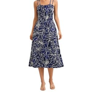 Mango Blue White Leaf Print Midi Dress Pockets Lined Fit Flare USA 8